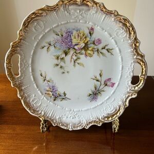 Dresden Germany Floral Handled Serving Plate Hand Painted Gilded Scalloped Edge